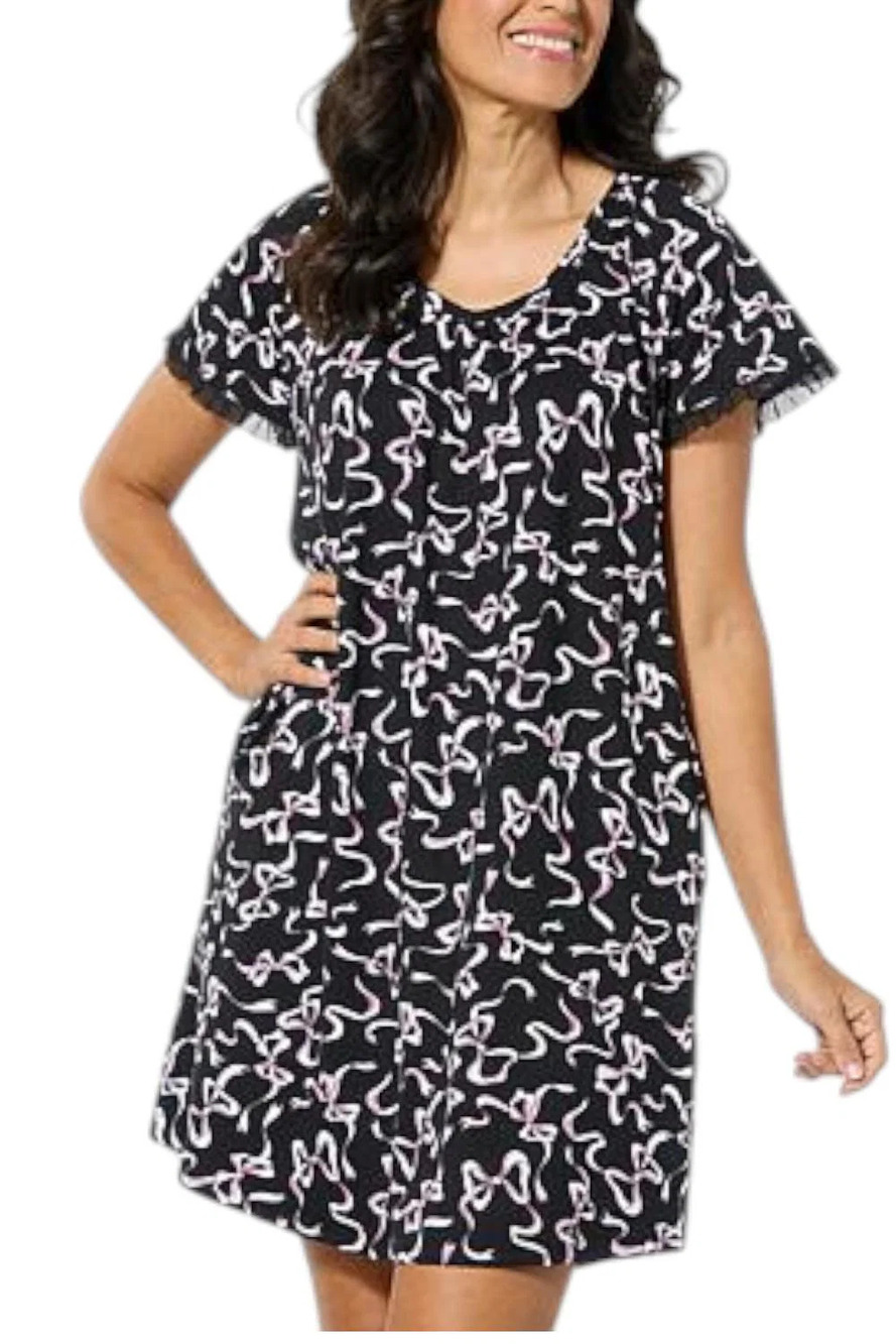 Comfort Code Women's Peached Jersey Sleep Dress Black Bows - Regular